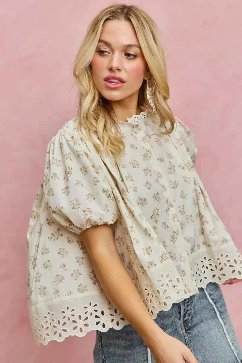 TEEK - Floral Print Lace Trim Short Sleeves Blouse TOPS TEEK Trend