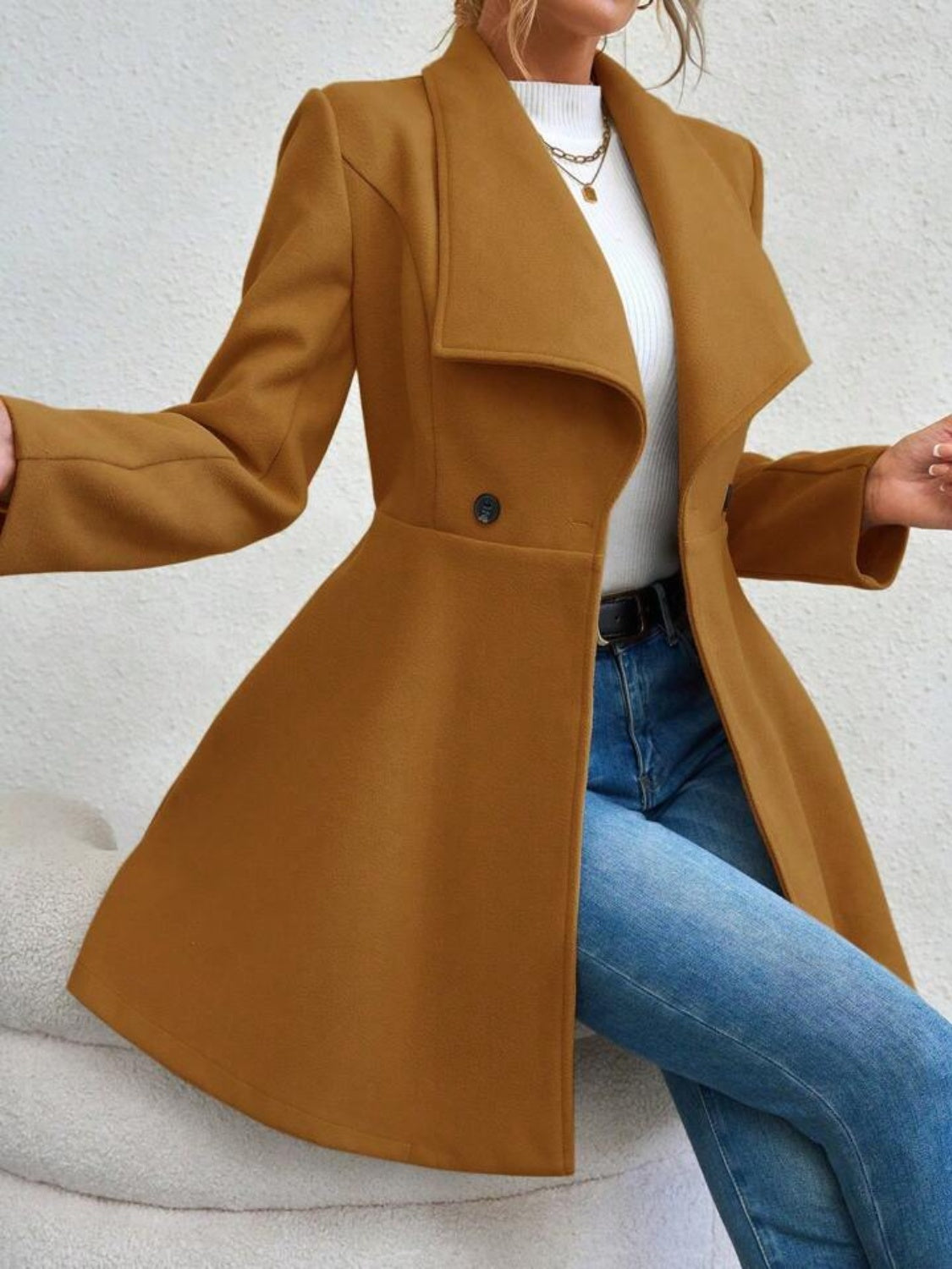 Collared Neck Button Up Long Sleeve Coat TEEK Trend