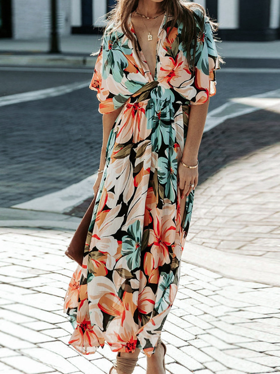 TEEK - Floral Plunge Half Sleeve Dress DRESS TEEK Trend   