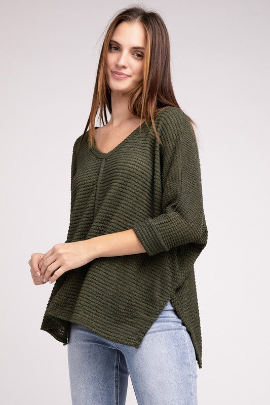 TEEK - 3/4 Sleeve V-Neck Hi-Low Hem Jacquard Sweater SWEATER TEEK FG   