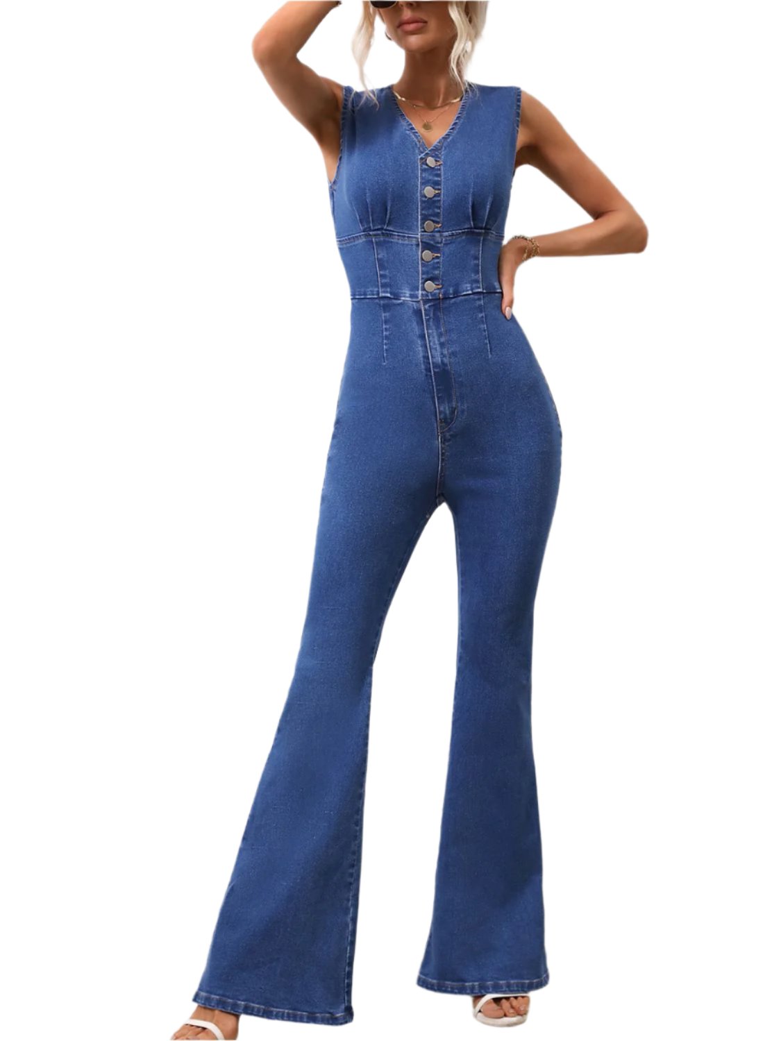 TEEK - V-Neck Sleeveless Dark Wash Denim Jumpsuit JUMPSUIT TEEK Trend XS  