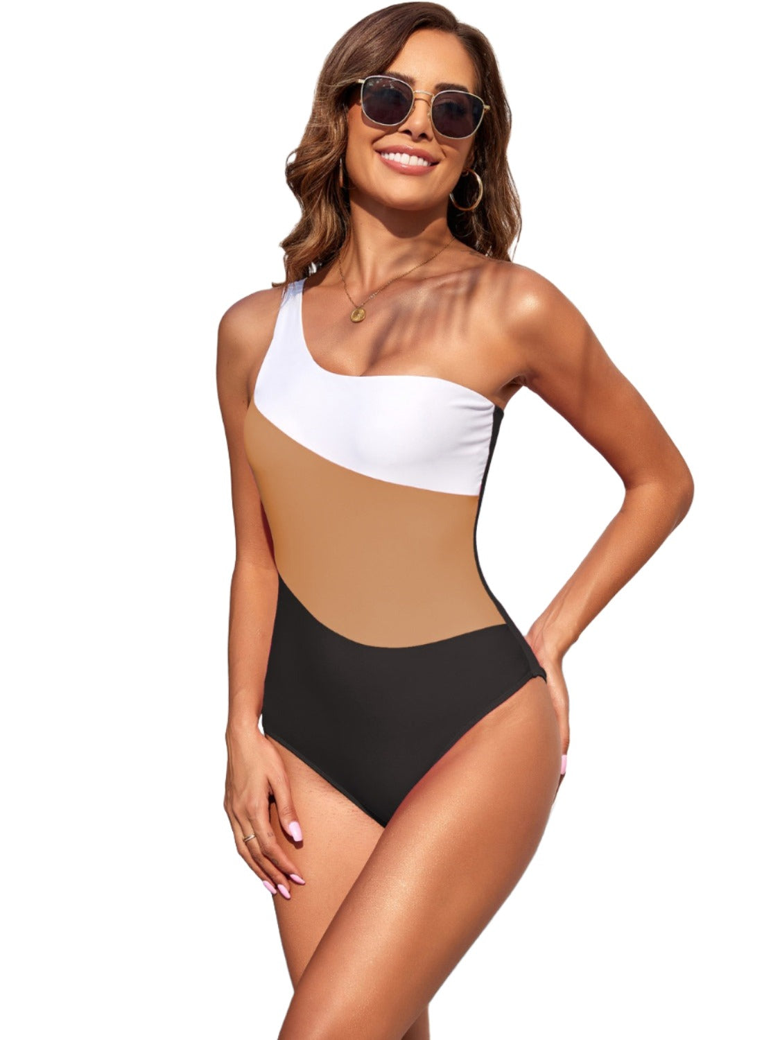 TEEK - 3 -Tone Color Block One Shoulder Swimsuit SWIMWEAR TEEK Trend Camel S 