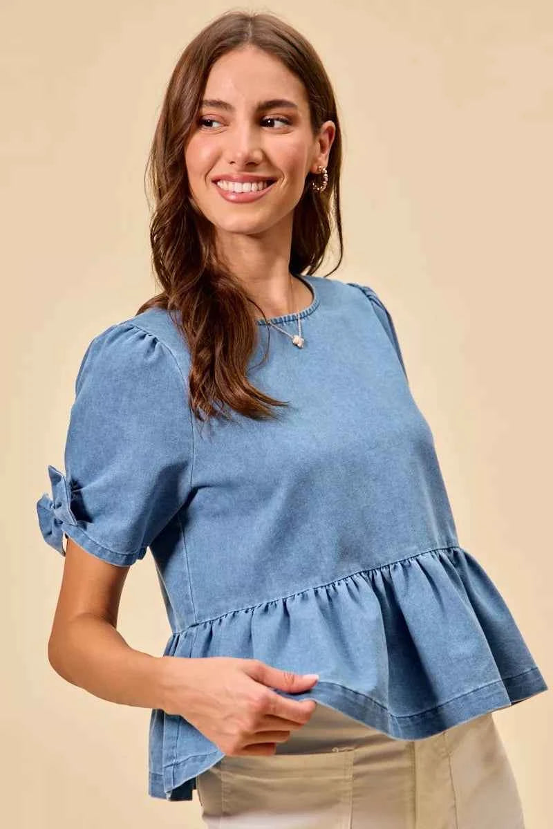 TEEK - Denim Bow Detail Short Sleeves Peplum Top TOPS TEEK Trend