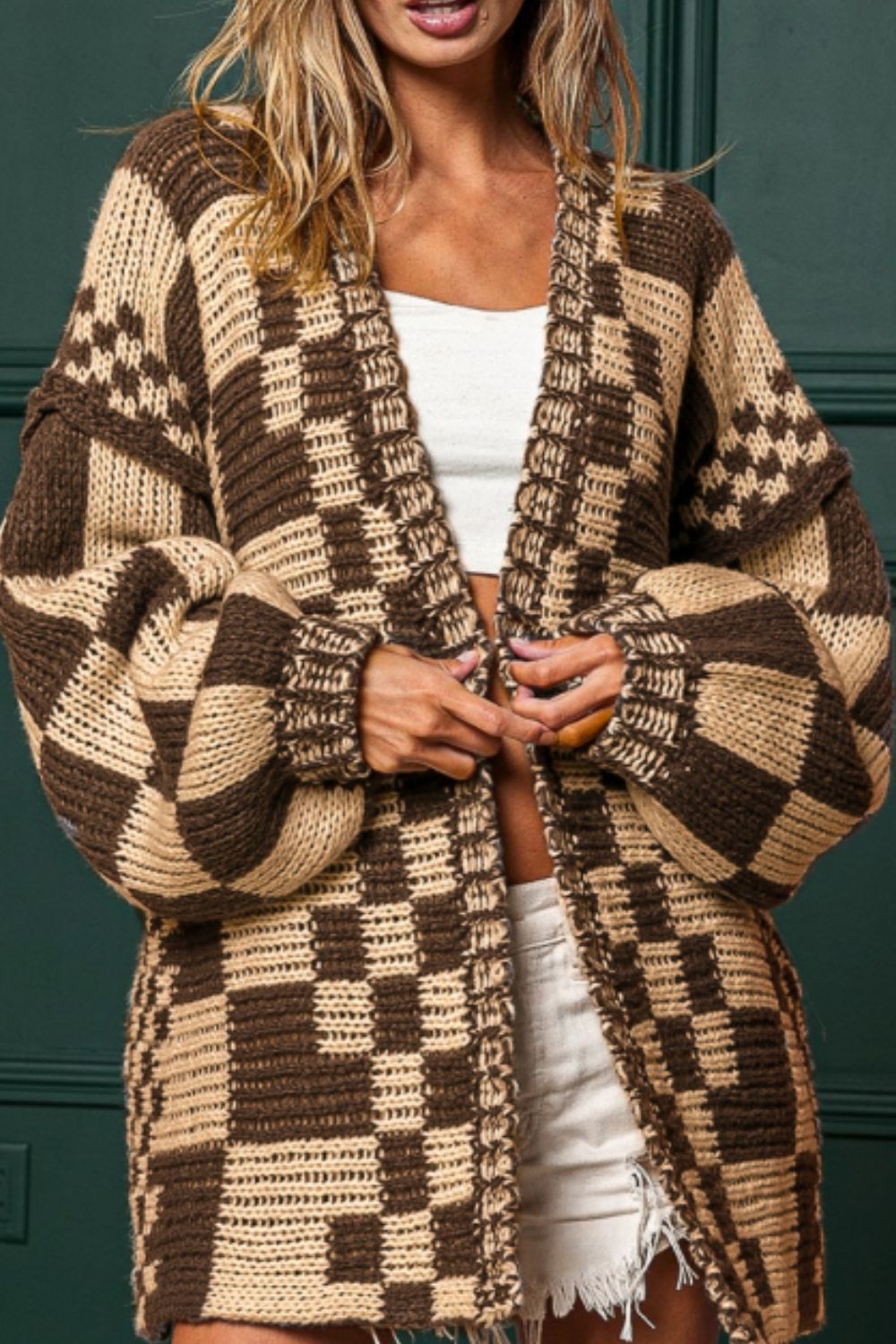 TEEK - Checkered Open Front Long Sleeve Cardigan SWEATER TEEK Trend Tan S