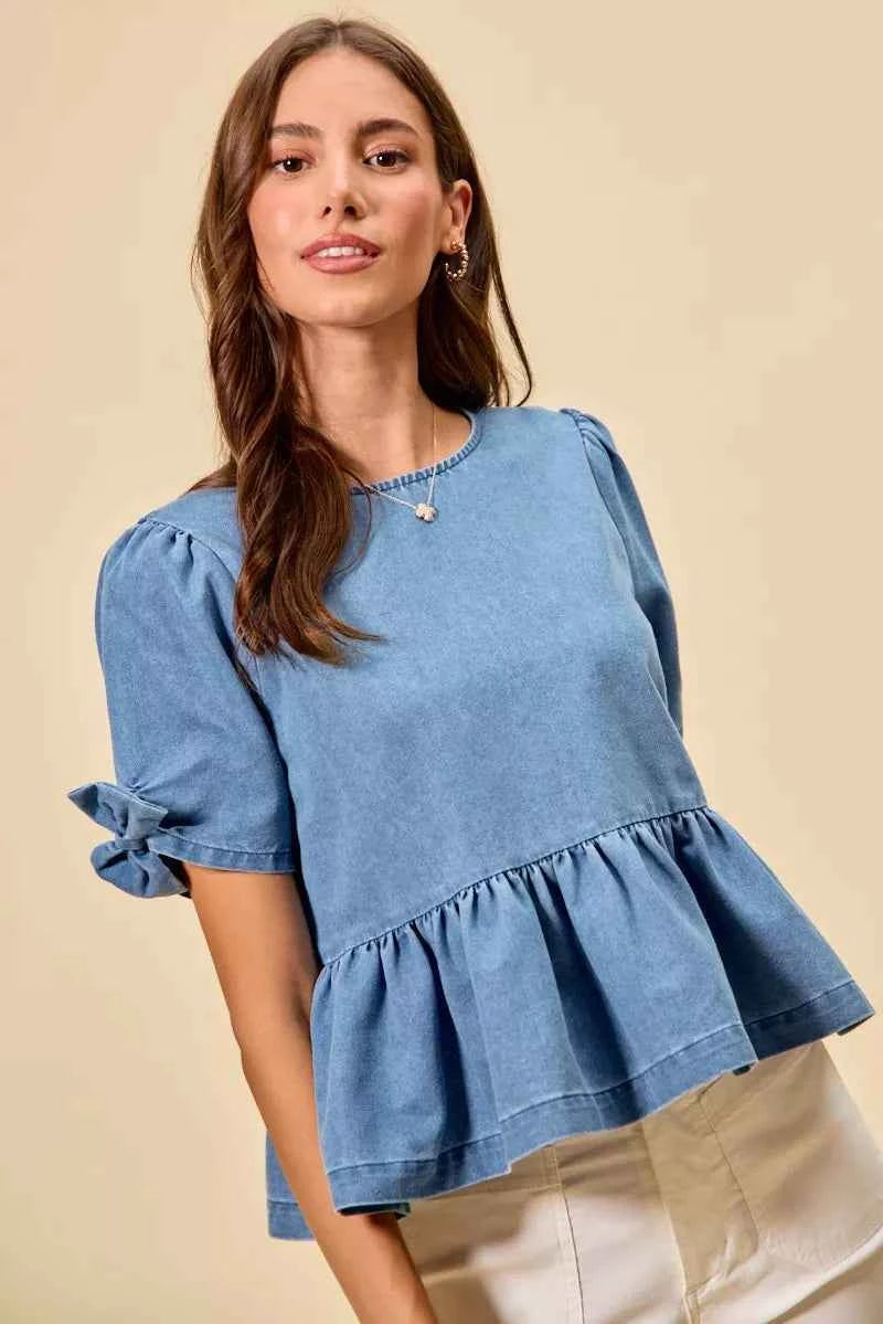 TEEK - Denim Bow Detail Short Sleeves Peplum Top TOPS TEEK Trend