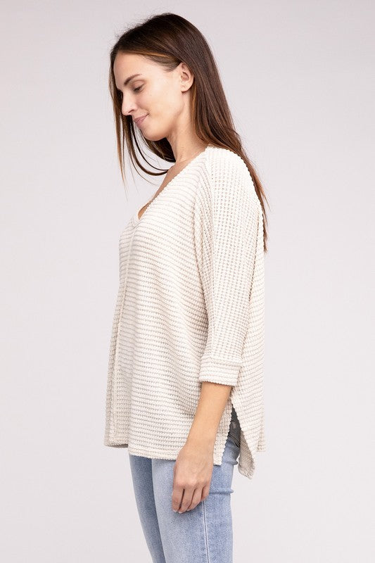 TEEK - 3/4 Sleeve V-Neck Hi-Low Hem Jacquard Sweater SWEATER TEEK FG   