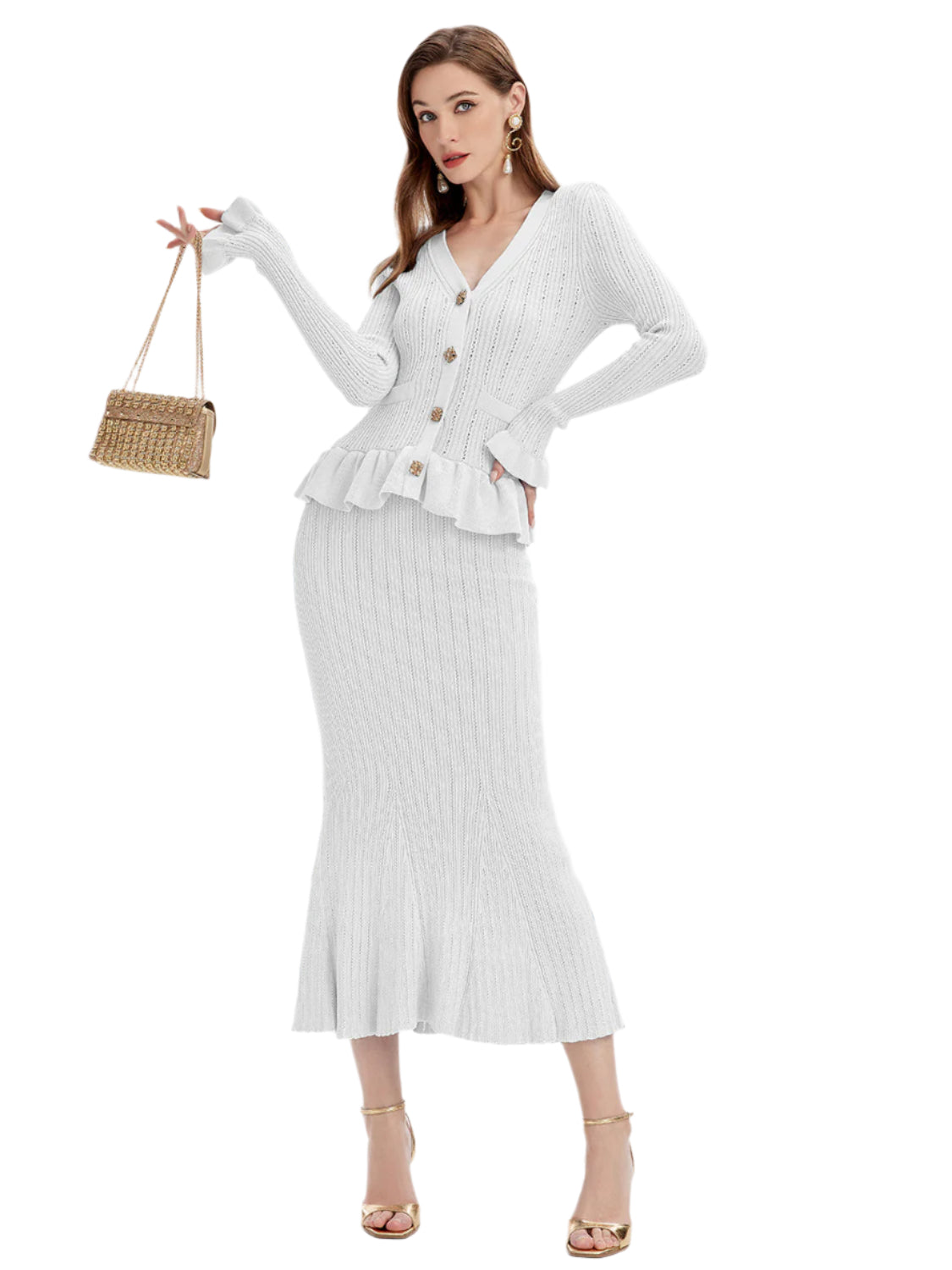 TEEK - Ruffled V-Neck Top Skirt Sweater Set SET TEEK Trend White One Size