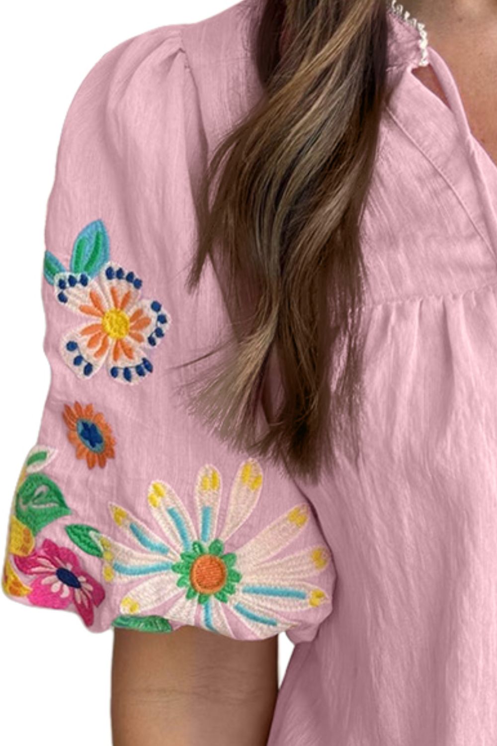 TEEK - Embroidered Tie Neck Half Sleeve Blouse TOPS TEEK Trend Blush Pink S 