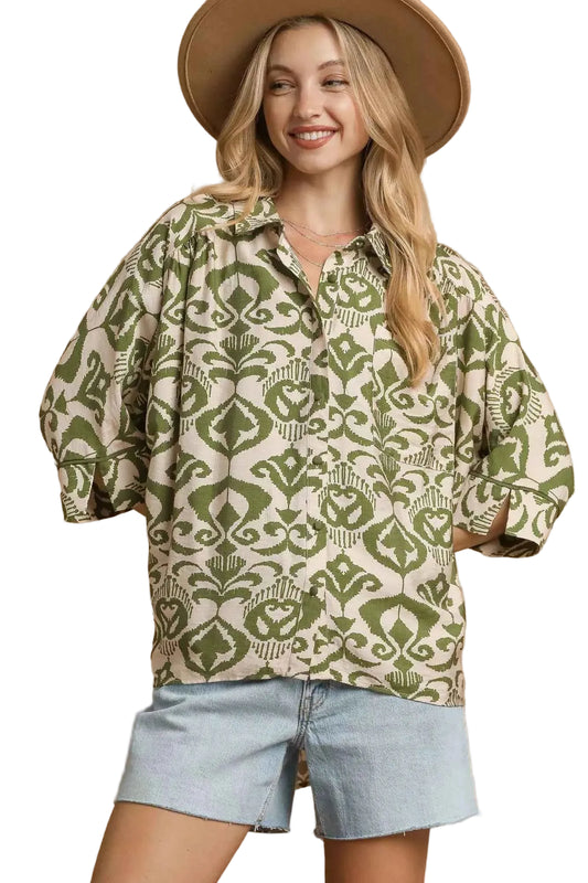 Umgee Abstract Print Button-Up Oversized Shirt