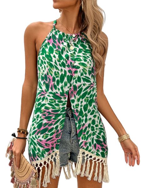 TEEK - Green Floral Halter Front Split Tassel Trim Top TOPS TEEK W S  