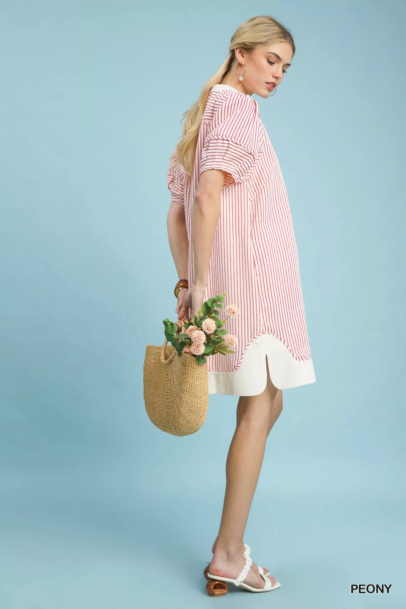Umgee Pinstripe Shift Dress with Contrast Trim Trendsi
