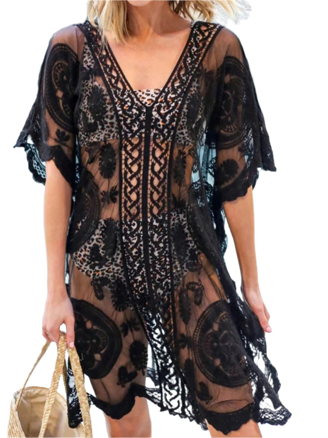 TEEK - Lace V-Neck Half Sleeve Cover-Up SHAWL TEEK Trend Black One Size 