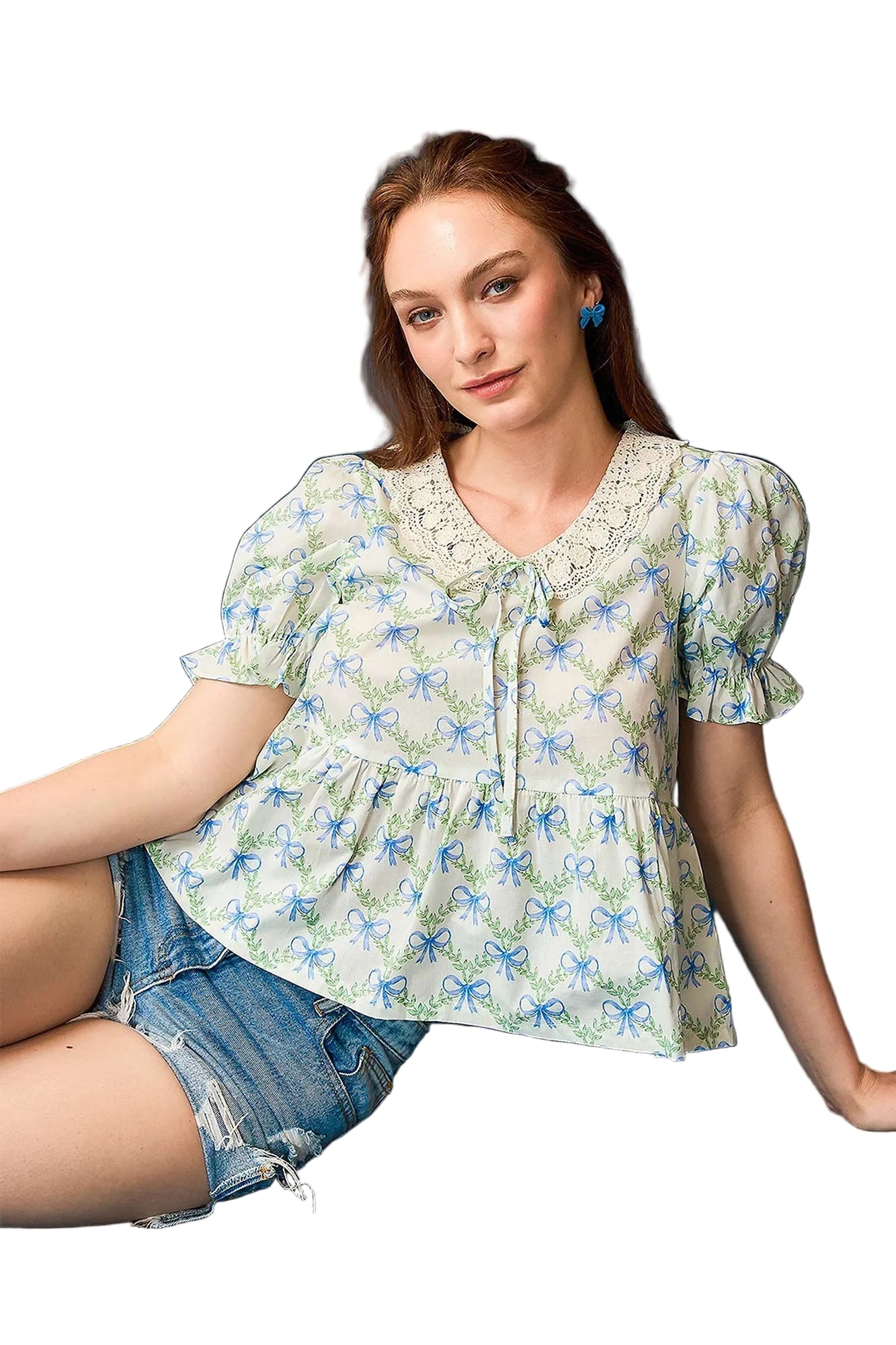 TEEK - Blue Green Lace Detail Bow Flounce Sleeve Blouse TOPS TEEK Trend S