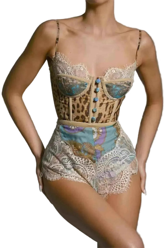 TEEK - Leopard Print Lace Trim Romper JUMPSUIT TEEK Trend Multicolor S