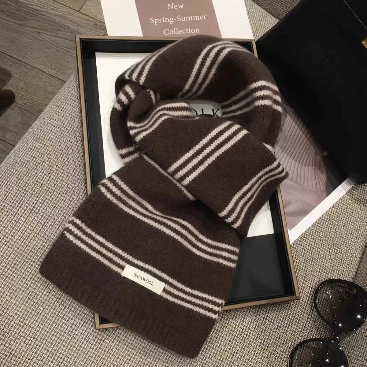 Wool Striped Contrast Knit Warm Scarf Trendsi Brown ONESIZE