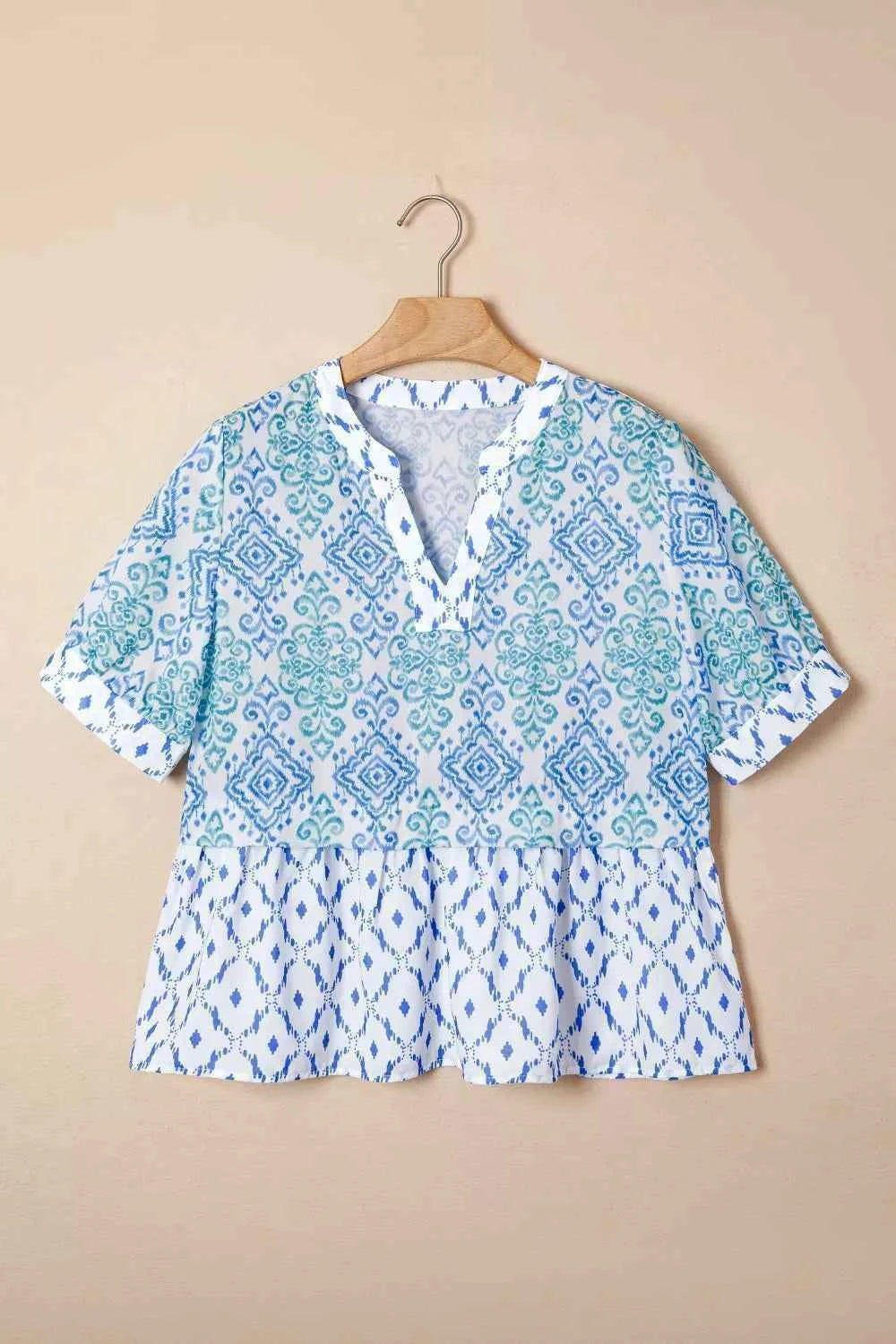 Floral Geometric Patchwork Short Puff Sleeve Babydoll Blouse Trendsi