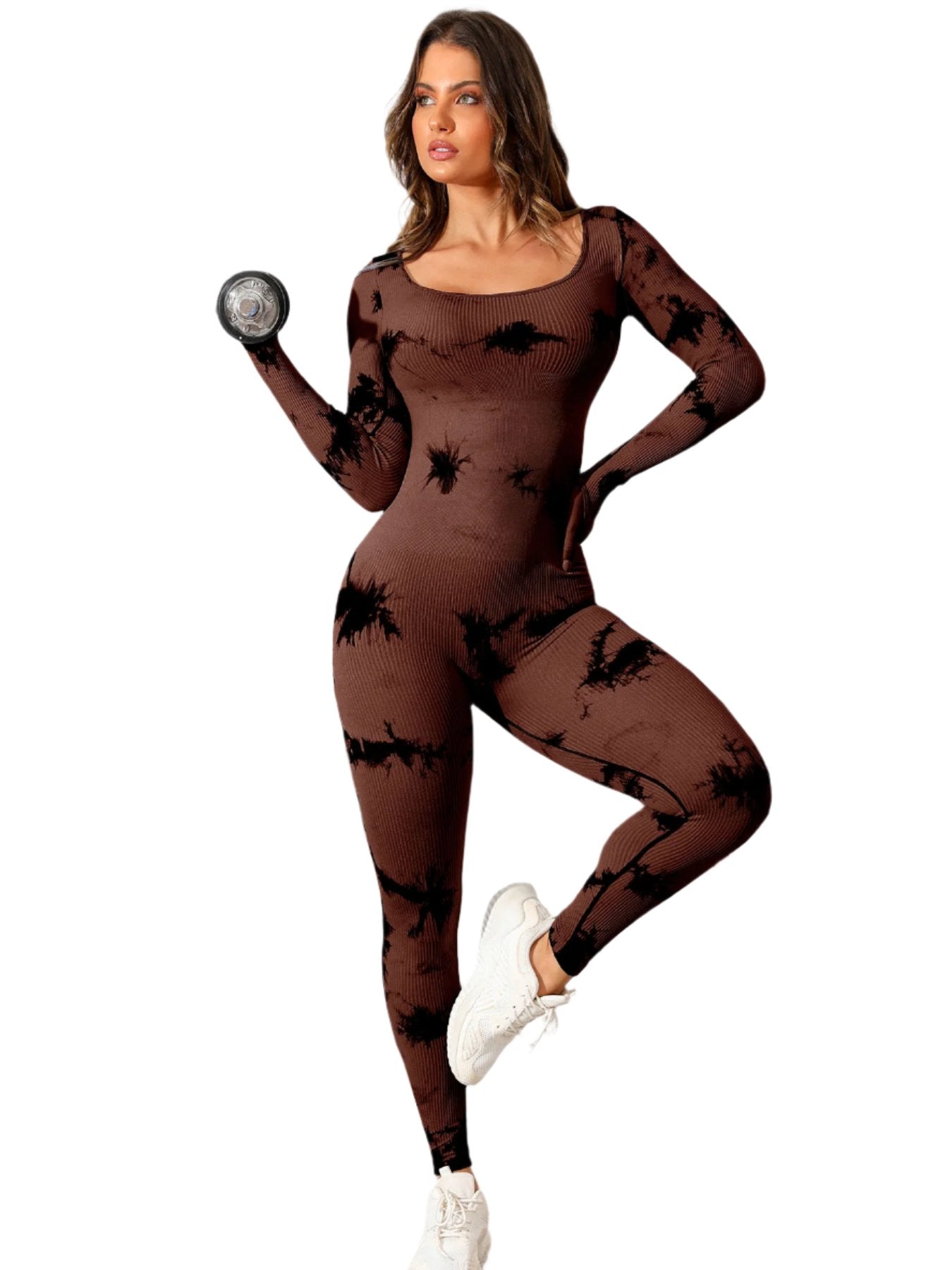 TEEK - Scoop Neck Long Sleeve Active Jumpsuit JUMPSUIT TEEK Trend Dark Brown S 