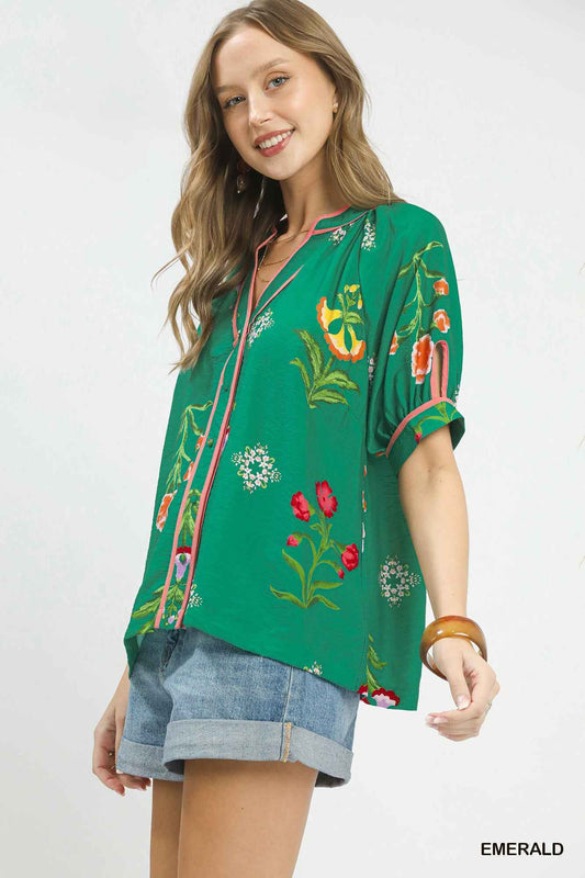 Umgee Botanical Print Contrast Trim Button Blouse Trendsi
