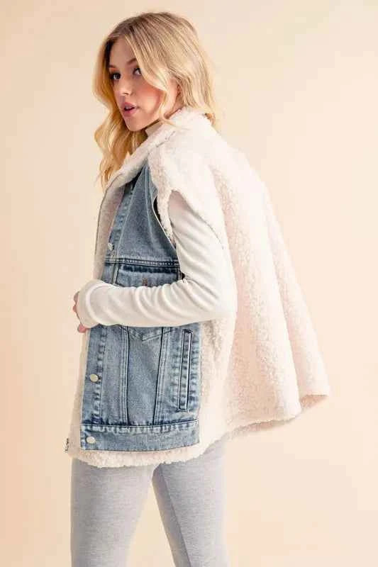 TEEK - Fake Two Pieces Denim Patch Sherpa Vest Coat VEST TEEK Trend
