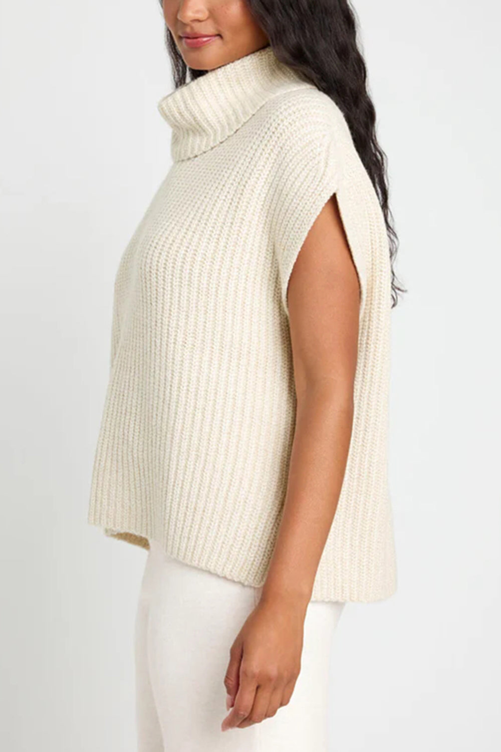 TEEK - Slit Turtleneck Cap Sleeve Sweater TOPS TEEK Trend