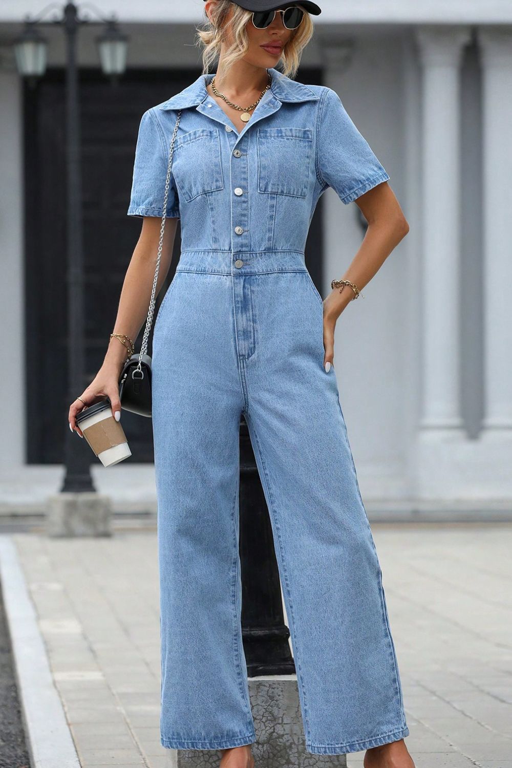 TEEK - Short Sleeve Wide Leg Denim Jumpsuit JUMPSUIT TEEK Trend   