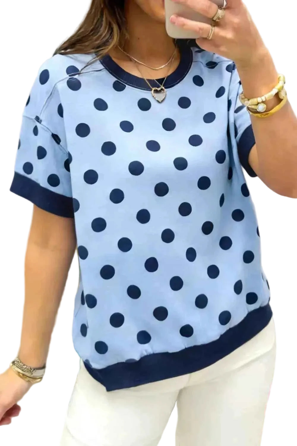 Polka Dot Round Neck Sweater Trendsi Light Blue S