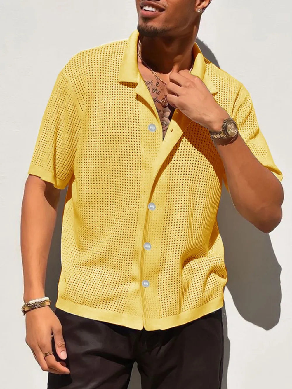 TEEK - Mens Openwork Button Down Collared Neck Shirt TOPS TEEK Trend Yellow S
