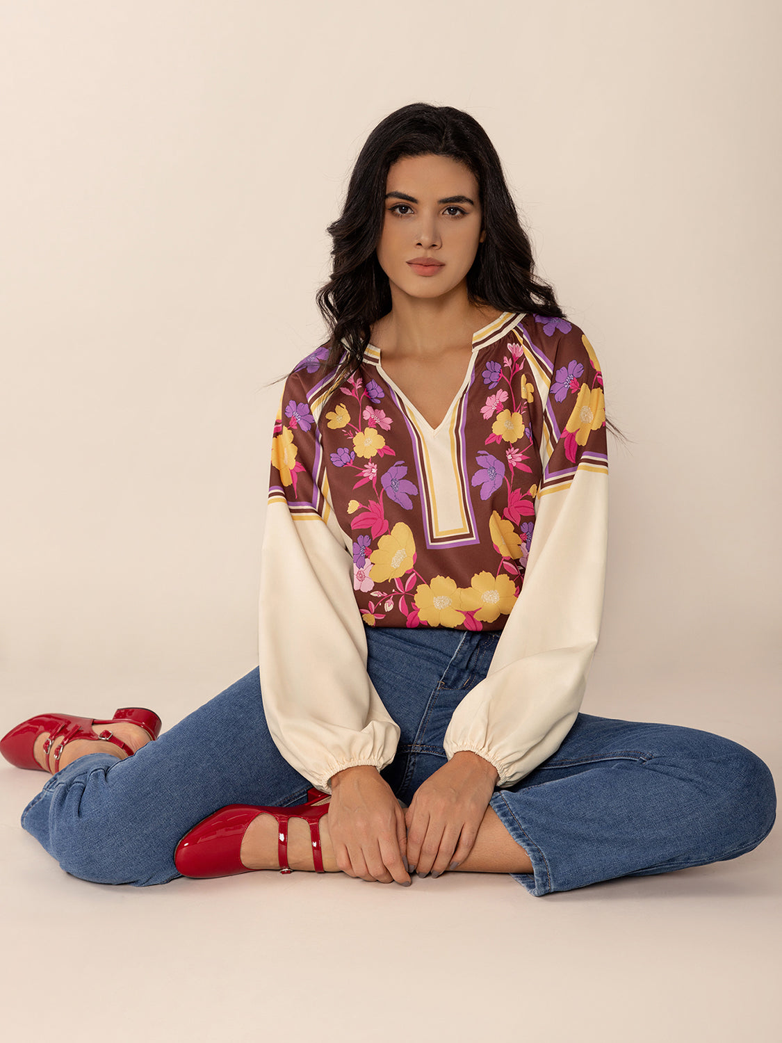 TEEK - Multicolor Printed Notched Long Sleeve Blouse TOPS TEEK Trend