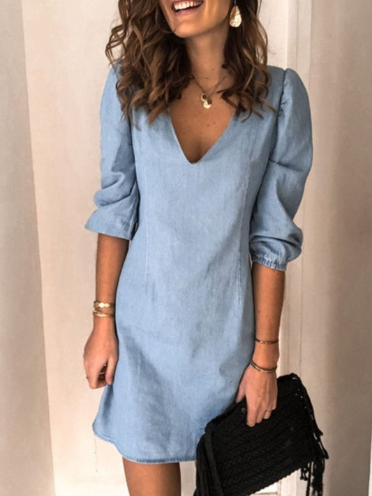Full Size V-Neck Half Sleeve Denim Dress  Trendsi Misty  Blue S 