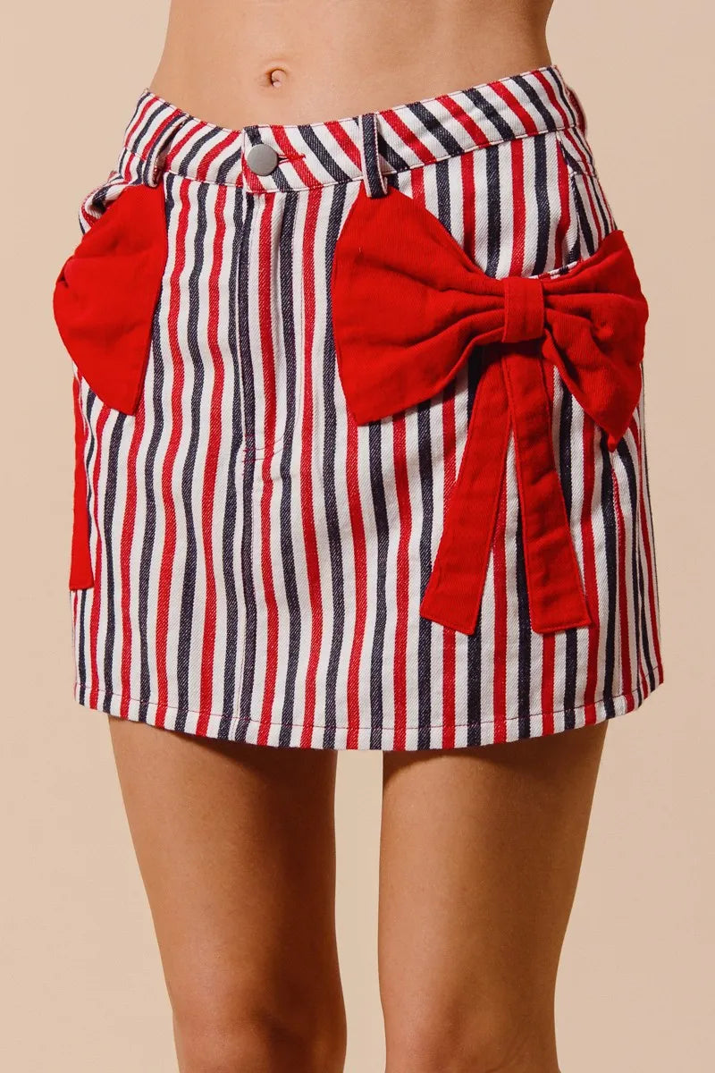 TEEK - Red Contrast Bow Knot Pocket Striped Denim Skirt SKIRT TEEK Trend