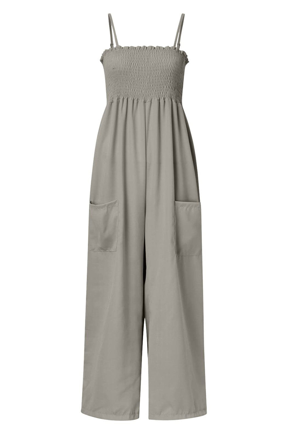 TEEK - Smocked Spaghetti Strap Wide Leg Jumpsuit JUMPSUIT TEEK Trend Heather Gray S 