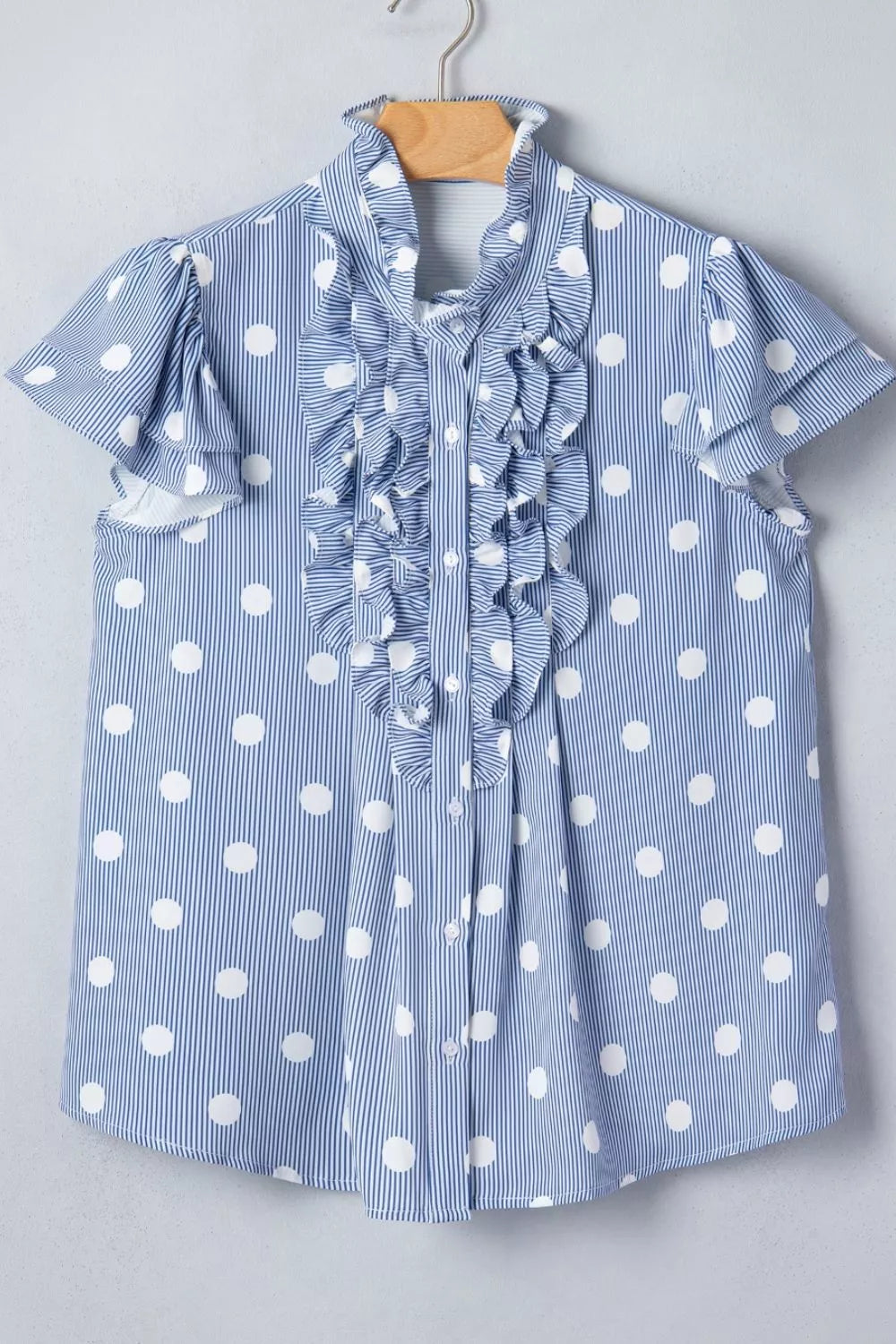 Stripe Contrast Polka Dot Print Pleated Ruffle Sleeve Shirt Trendsi
