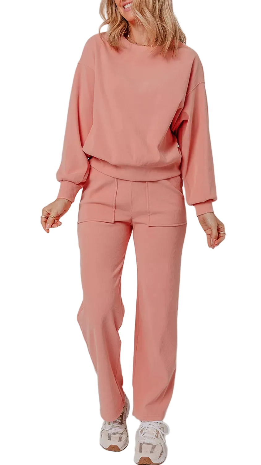 Ribbed Round Neck Top and Pants Set Trendsi Pale Blush S