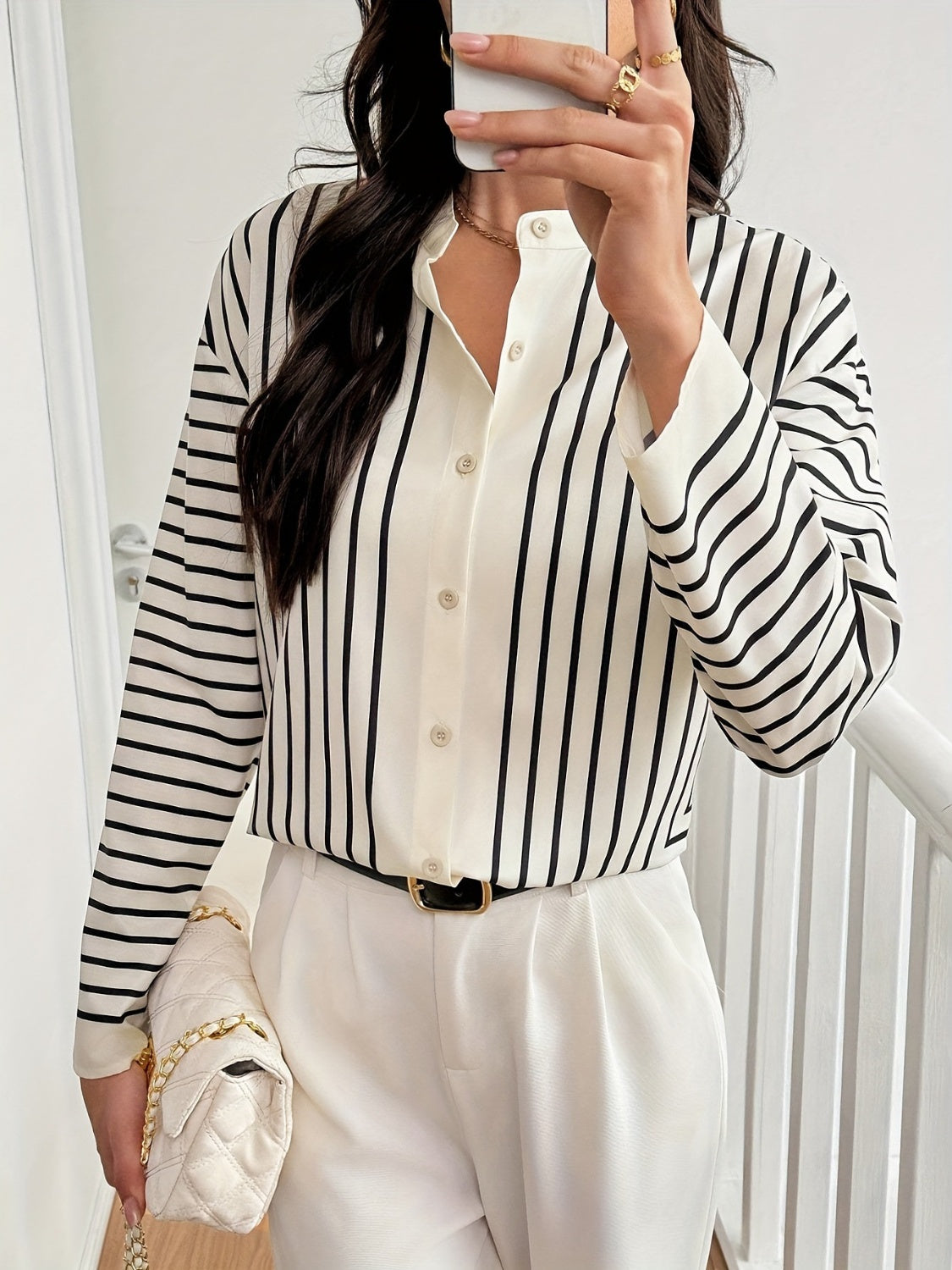 Striped Mock Neck Long Sleeve Shirt TEEK Trend