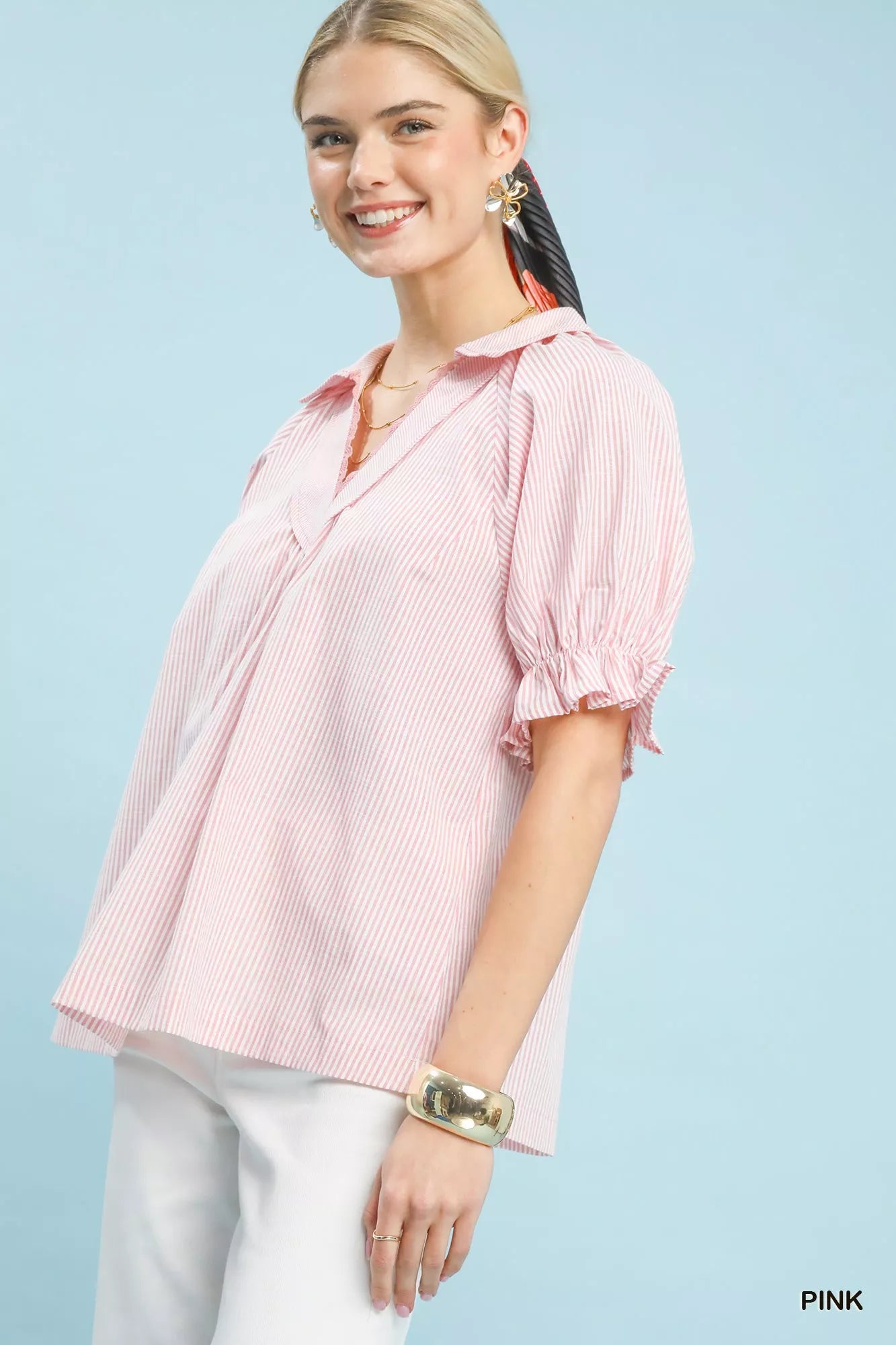 Umgee Pinstripe V-Neck Ruffle Sleeve Blouse Trendsi