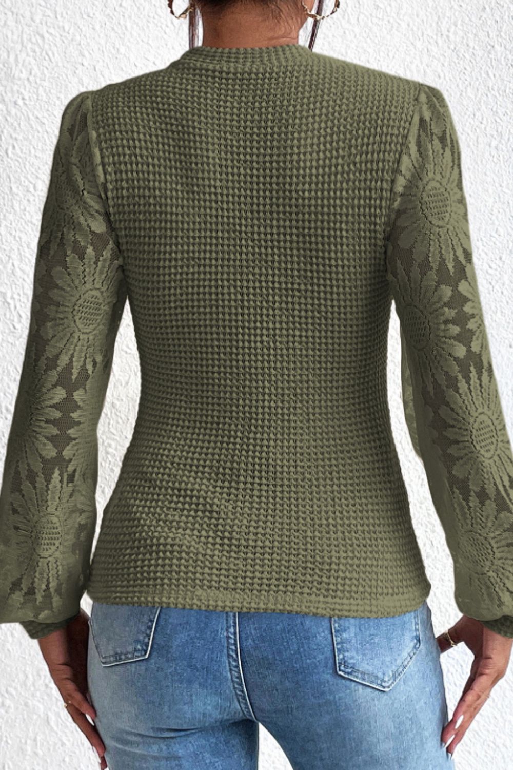 Mock Neck Lace Long Sleeve Top Trendsi