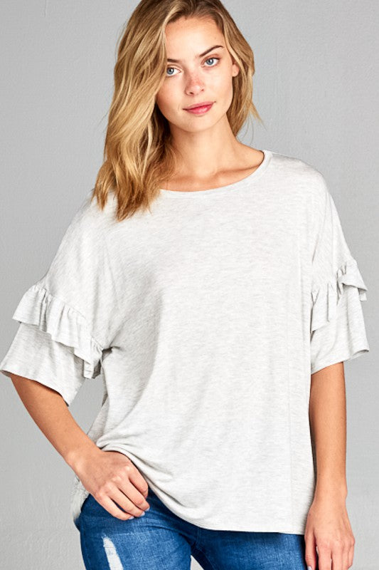 TEEK - PLUS SIZE SOLID RUFFLE SLEEVE TOP TOPS TEEK FG   