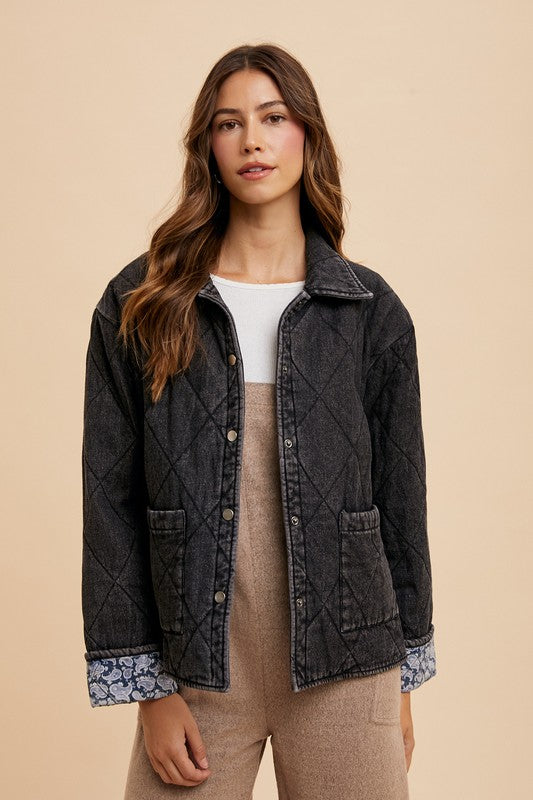 TEEK - Black Quilted Printed Lining Snap Down Denim Jacket JACKET TEEK Trend