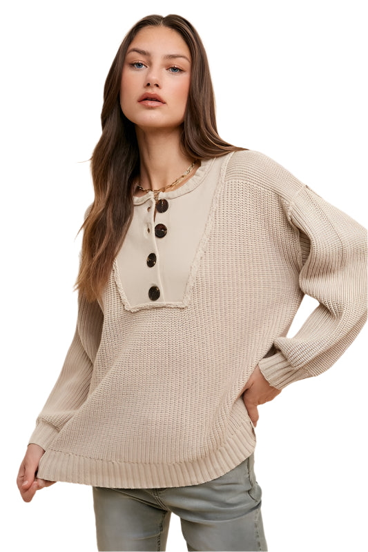 TEEK - Oatmeal Half Button Ribbed Hem Sweater TOPS TEEK Trend S
