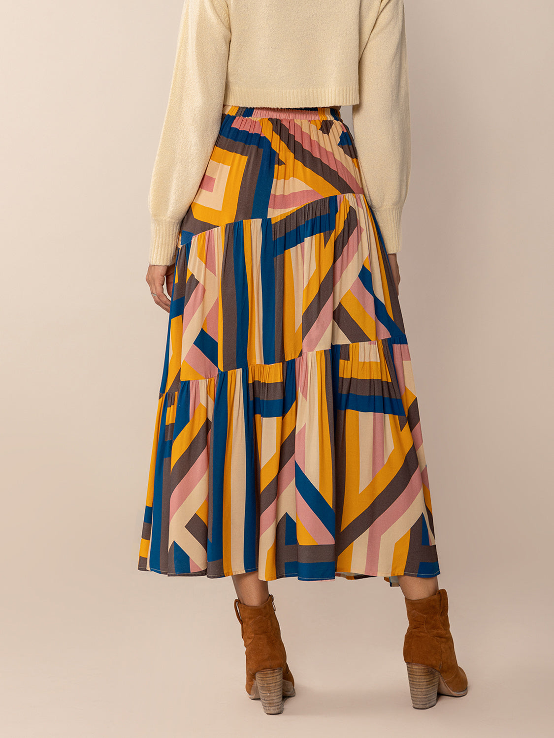 Ruched Elastic Waist Contrast Midi Skirt TEEK Trend