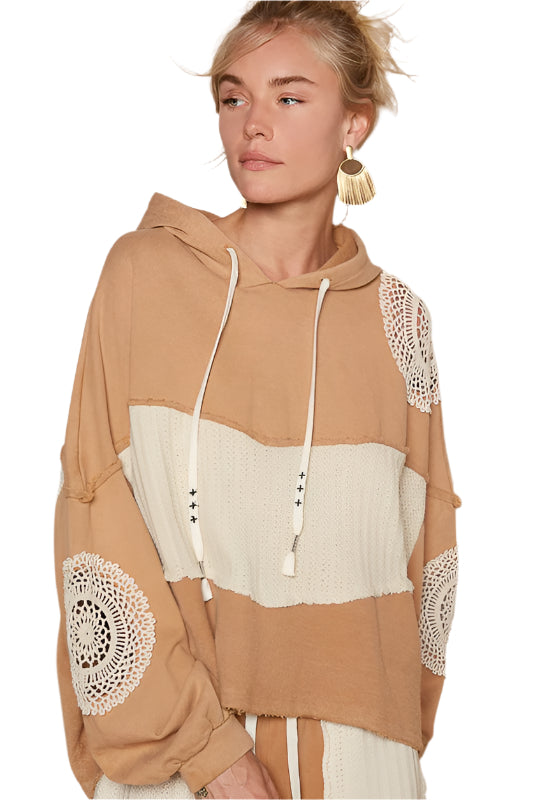 TEEK - Wheat Openwork Contrast Dropped Shoulder Hoodie TOPS TEEK Trend S