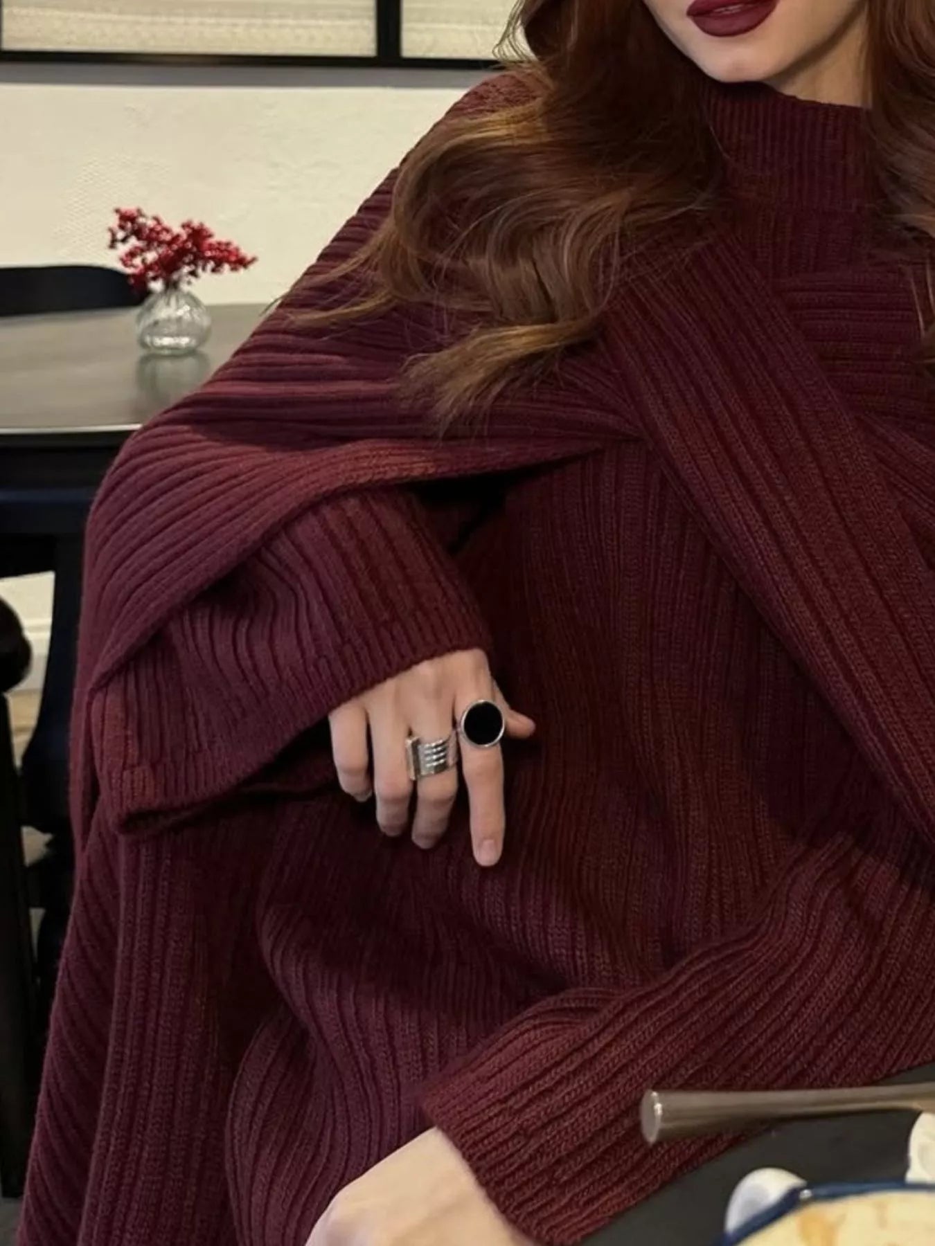 3-Piece Crew Neck Ribbed Sweater and Wide-Leg Pants Set with Scarf Trendsi