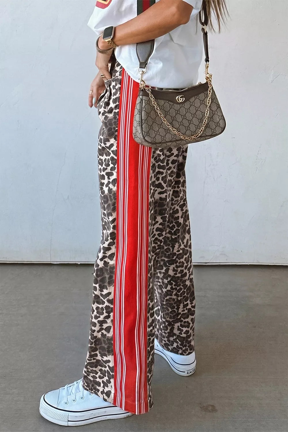 Leopard Patchwork Elastic Waist Jeans Trendsi