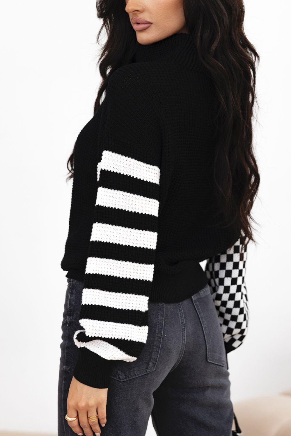 TEEK - Striped & Checkered Turtleneck Dropped Shoulder Sweater TOPS TEEK Trend