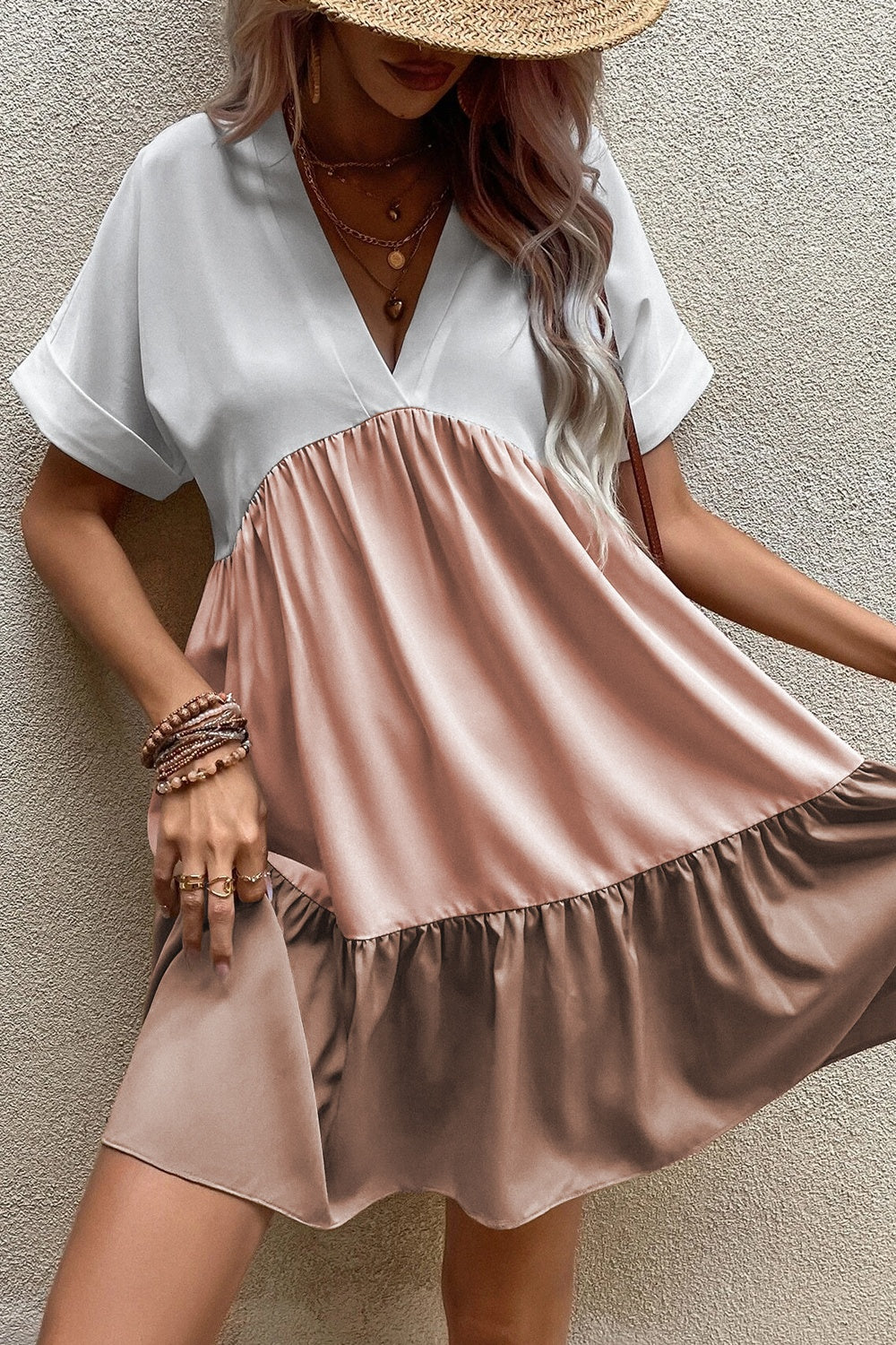 TEEK - Dusty Pink Color Block V-Neck Short Sleeve Dress DRESS TEEK Trend   