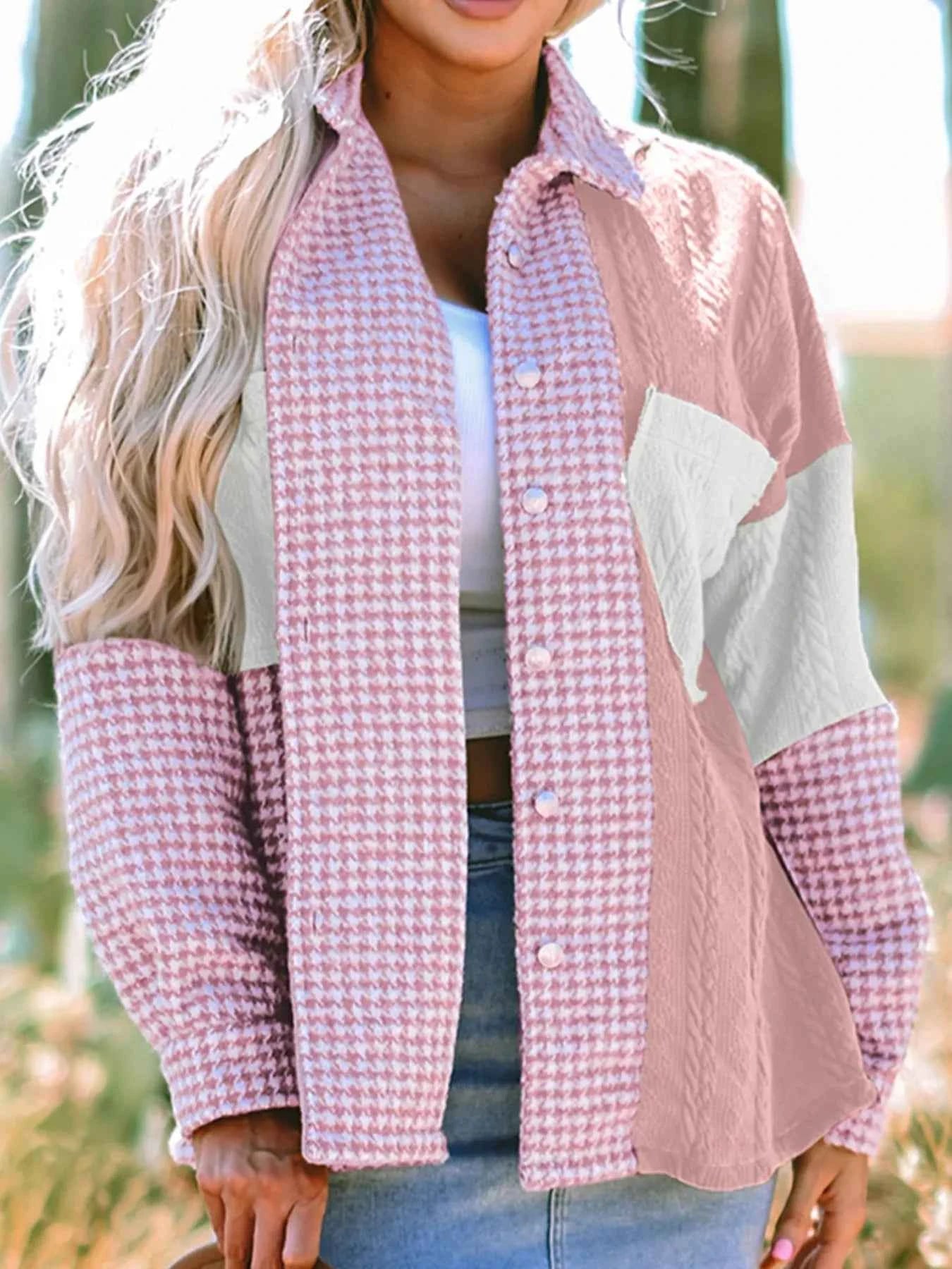 TEEK - Button Down Houndstooth Color Block Shacket TOPS TEEK Trend Dusty Pink S