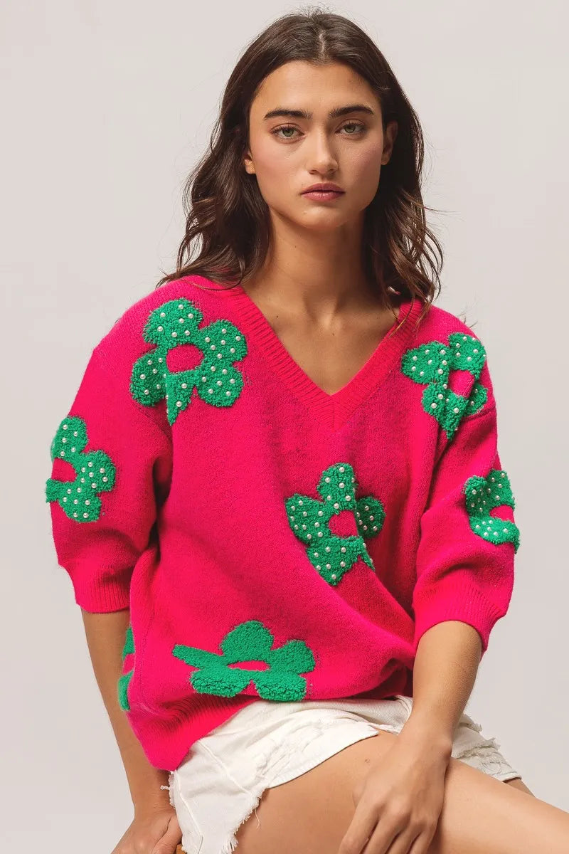 TEEK - Fuchsia Jade Pearl Beads Flowers Sweater Top TOPS TEEK Trend