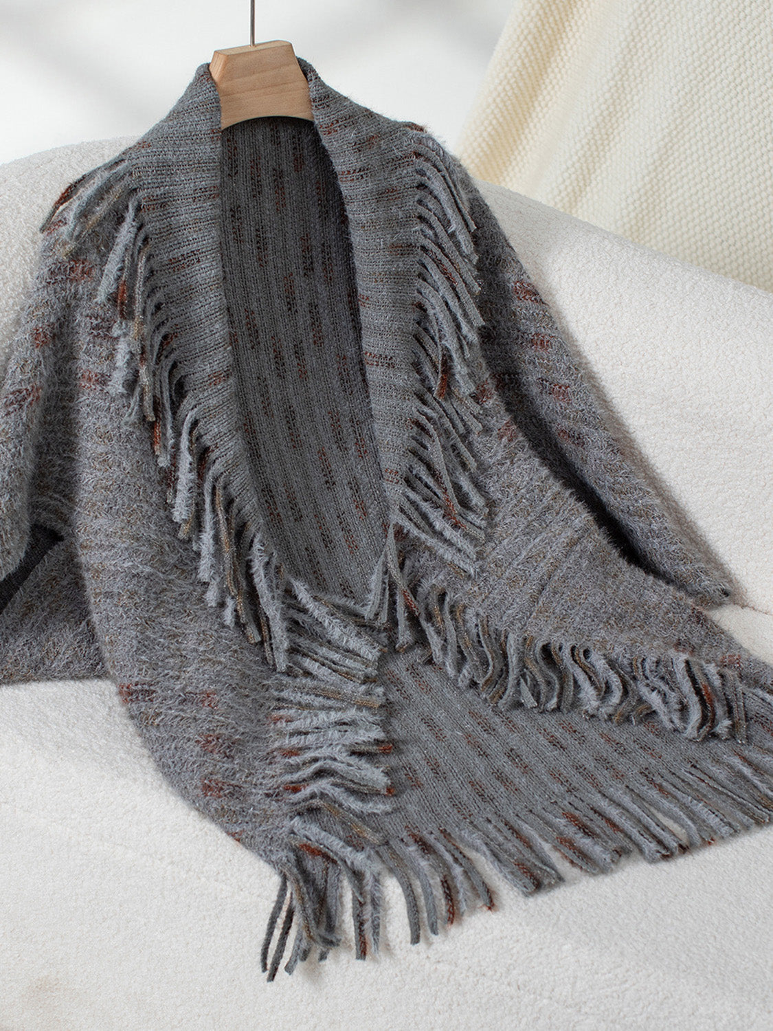 Fringe Open Front Half Sleeve Poncho Trendsi Dark Gray One Size