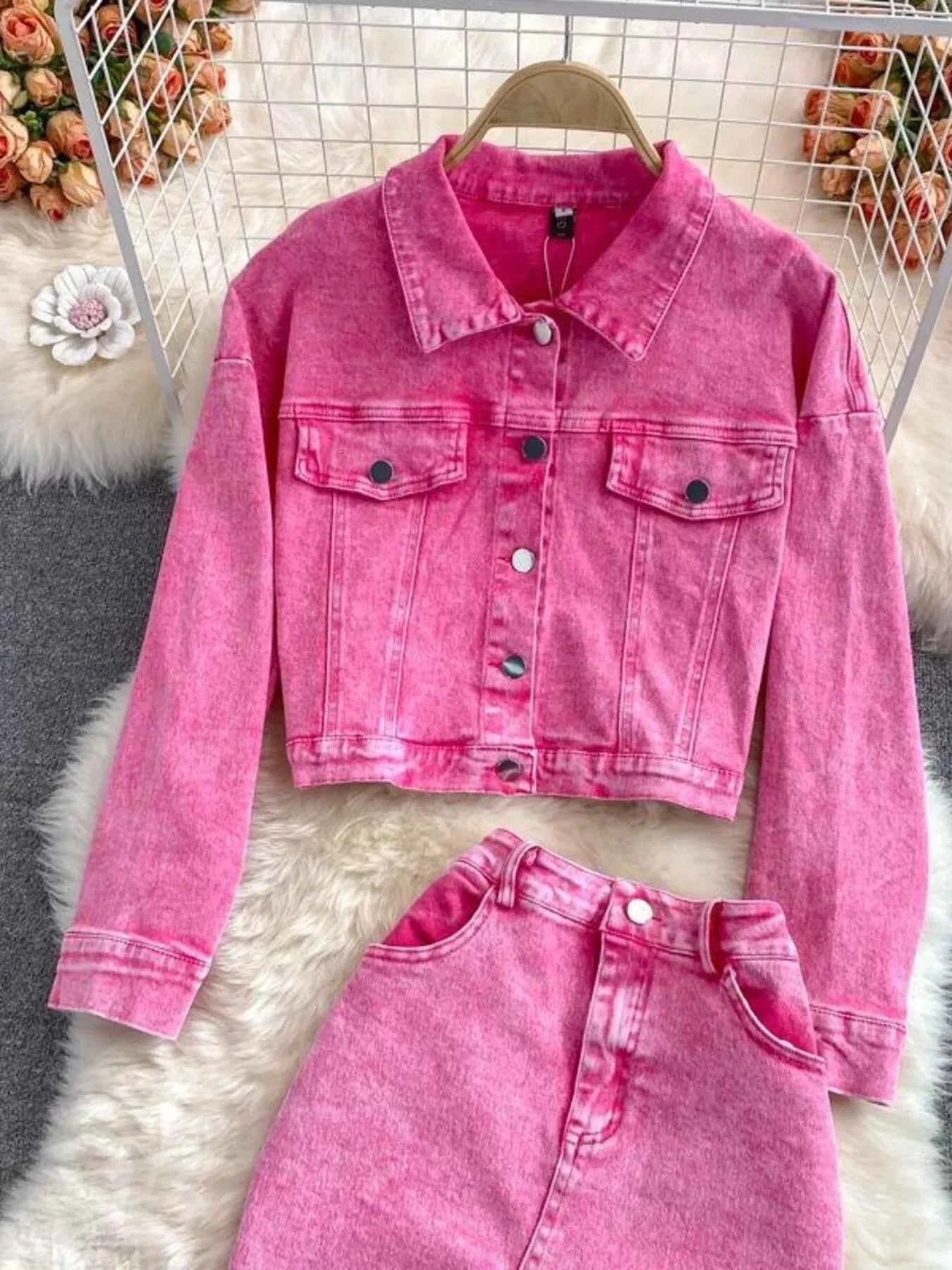 TEEK - Button Up Jacket and Slit Skirt Denim Set SET TEEK Trend