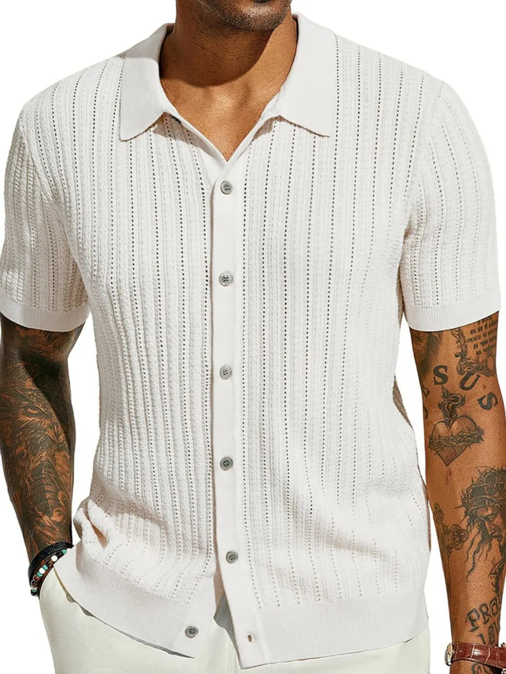TEEK - Mens Openwork Button Down Collared Neck Shirt TOPS TEEK Trend Ivory S